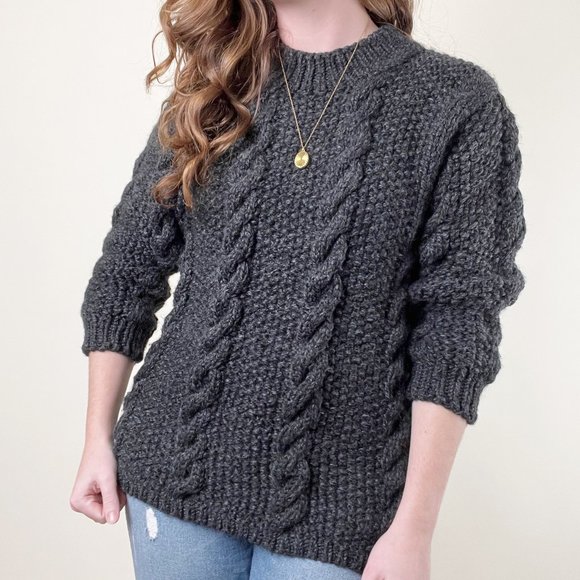 Vintage Handmade Wool Cable Knit Oversized Sweater Chunky Aran Preppy Fisherman - Picture 2 of 6